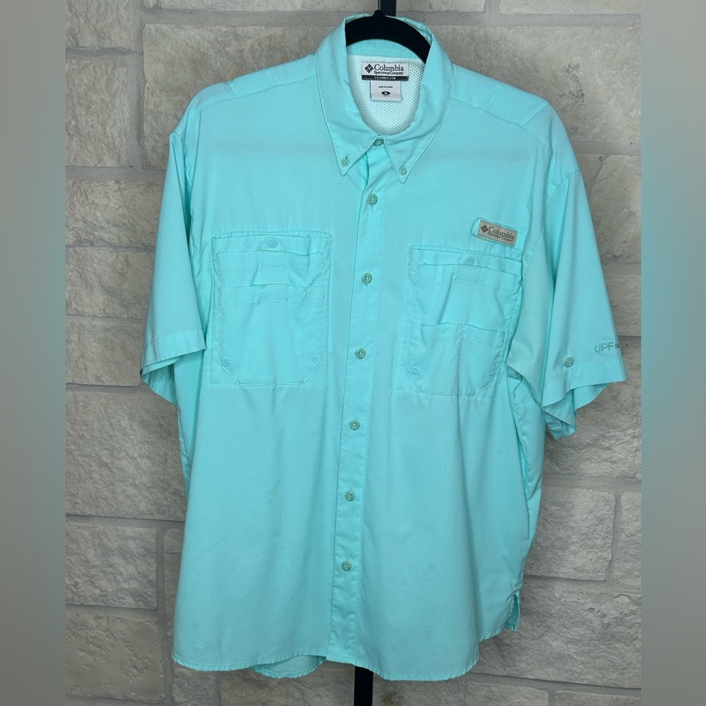 Columbia Shirt Sleeve Button Down Size Medium Fishing Shirt Mens Mint Green